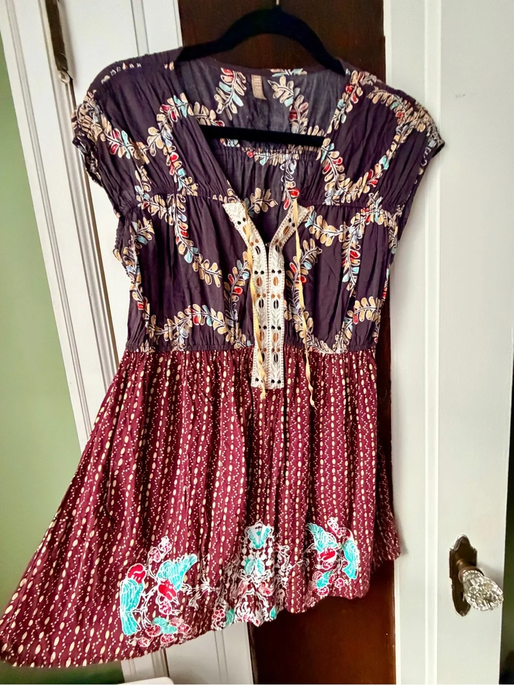 Free People Burgundy and Black Mixed-Print Boho Tunic